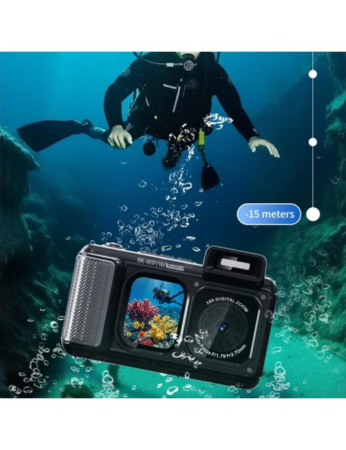 IPX68 Underwater Camera 2.88-Inch Screen 18X Zoom Digital Waterproof Camera for Snorkeling 8K Resolution